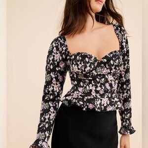 Floral Long Sleeve Top and Black Skirt Set